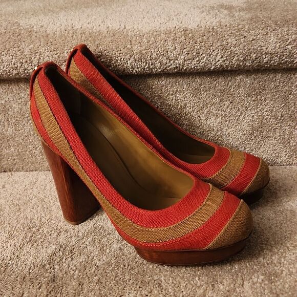 Tory Burch Women's "Joelle" Red & Tan Stacked Wood Heel Pumps Size 10.5 - Picture 2 of 7